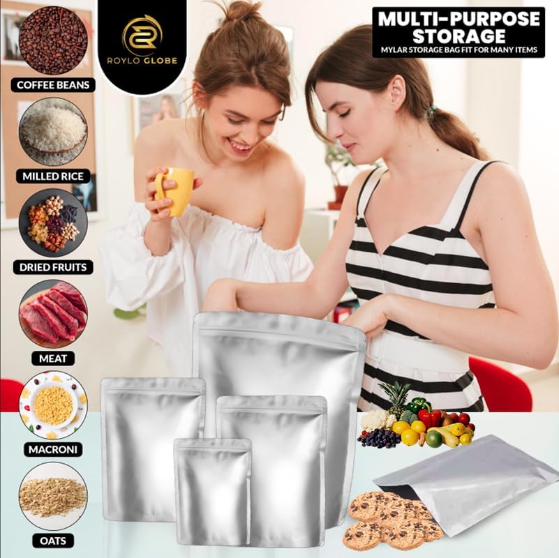160pcs Mylar Bags with Oxygen Absorbers – Airtight Resealable Food Storage Kit (4 Sizes, 11 Mil) with Labels & Clips