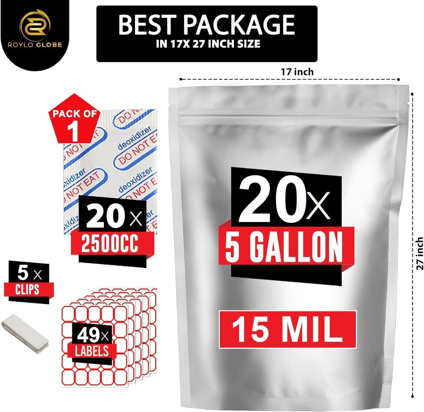 20-Pack 5 Gallon Mylar Bags with 2500cc Oxygen Absorbers, 15MIL Resealable Food Storage Bags + Labels & Clips