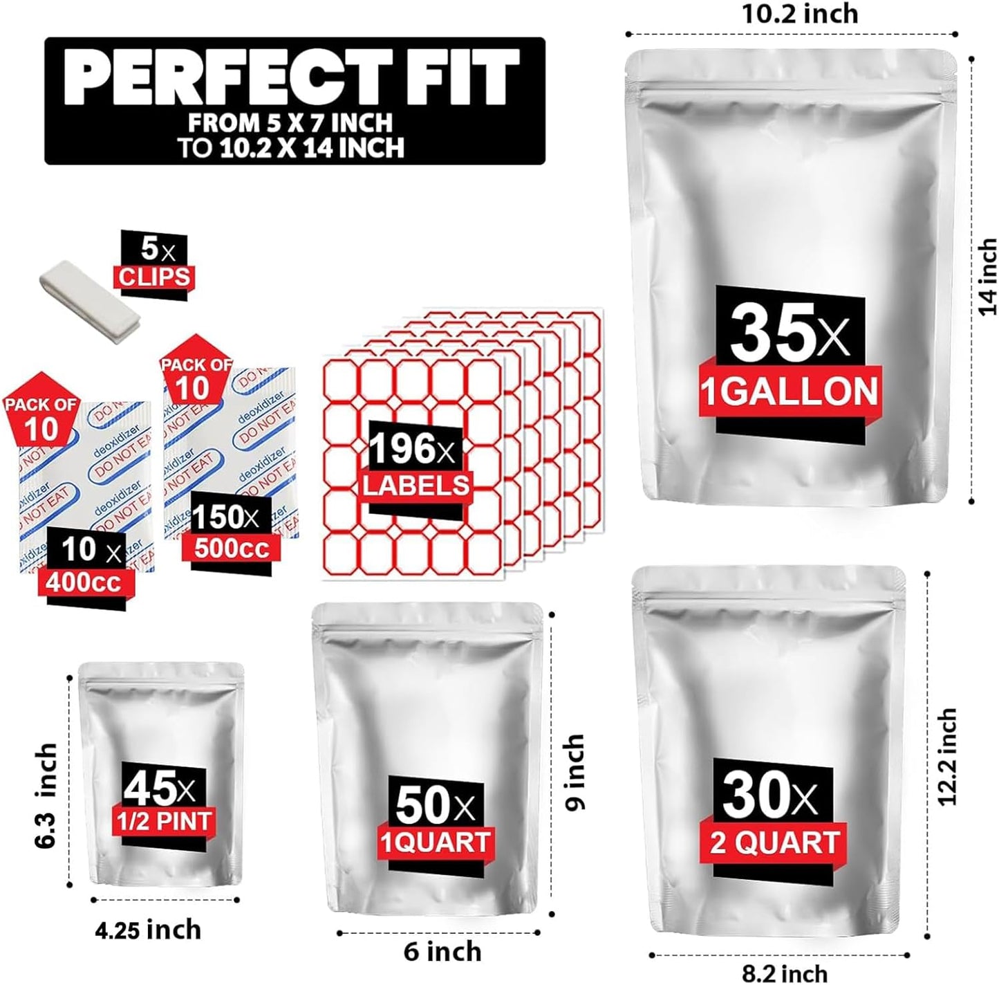 160pcs Mylar Bags with Oxygen Absorbers – Airtight Resealable Food Storage Kit (4 Sizes, 11 Mil) with Labels & Clips