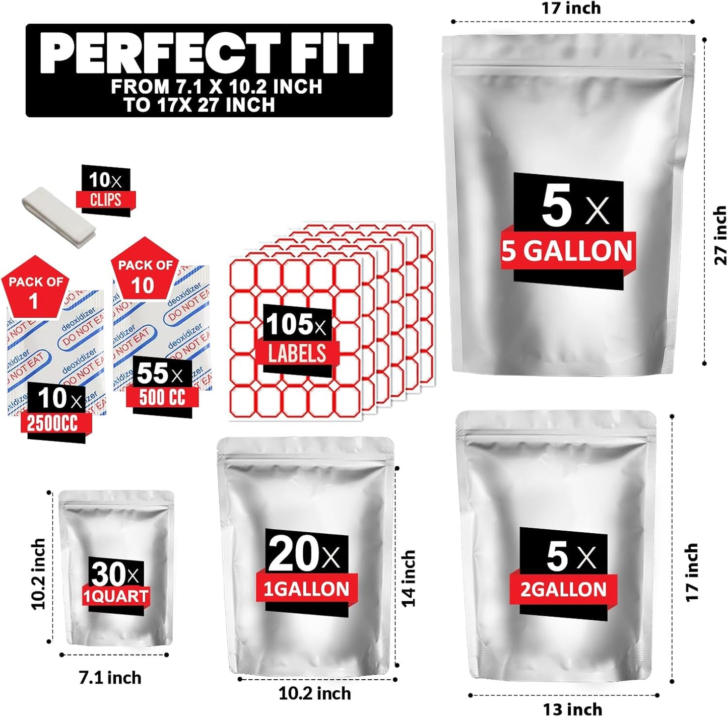 60pcs Heavy-Duty Mylar Bags (14 Mil, 4 Sizes) with Oxygen Absorbers – Airtight Resealable Food Storage Kit with Labels & Clips