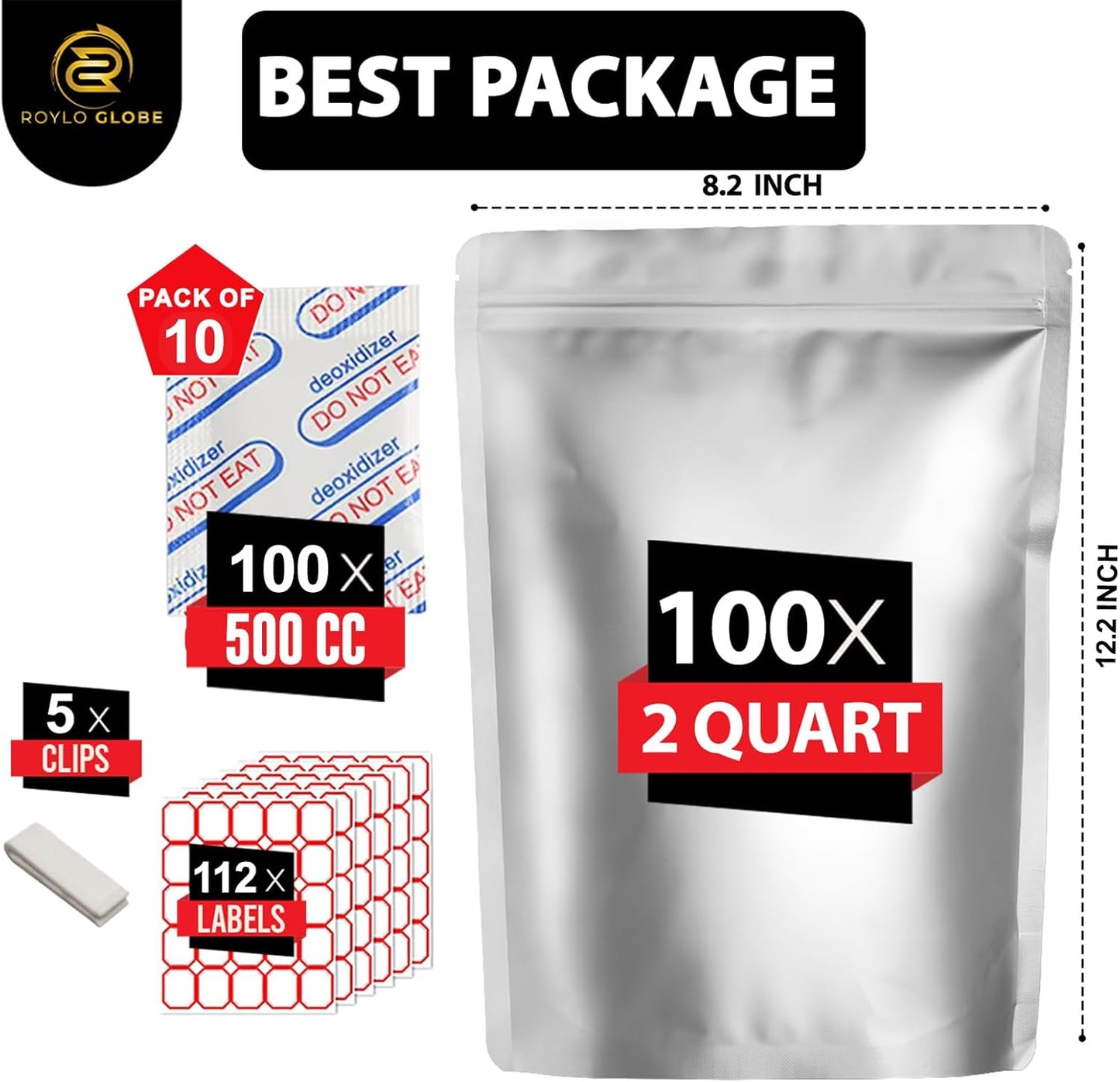 2 Quart Mylar Food Storage Bags – 100 Pack with 500cc Oxygen Absorbers, Labels & Clips (10 Mil, Resealable & Heat-Sealable)
