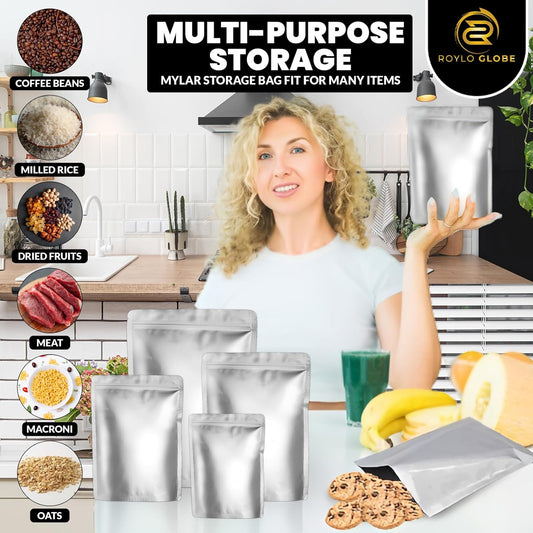 120 Mylar Bags with Oxygen Absorbers – Airtight Resealable Food Storage Kit (4 Sizes, 11 Mil)