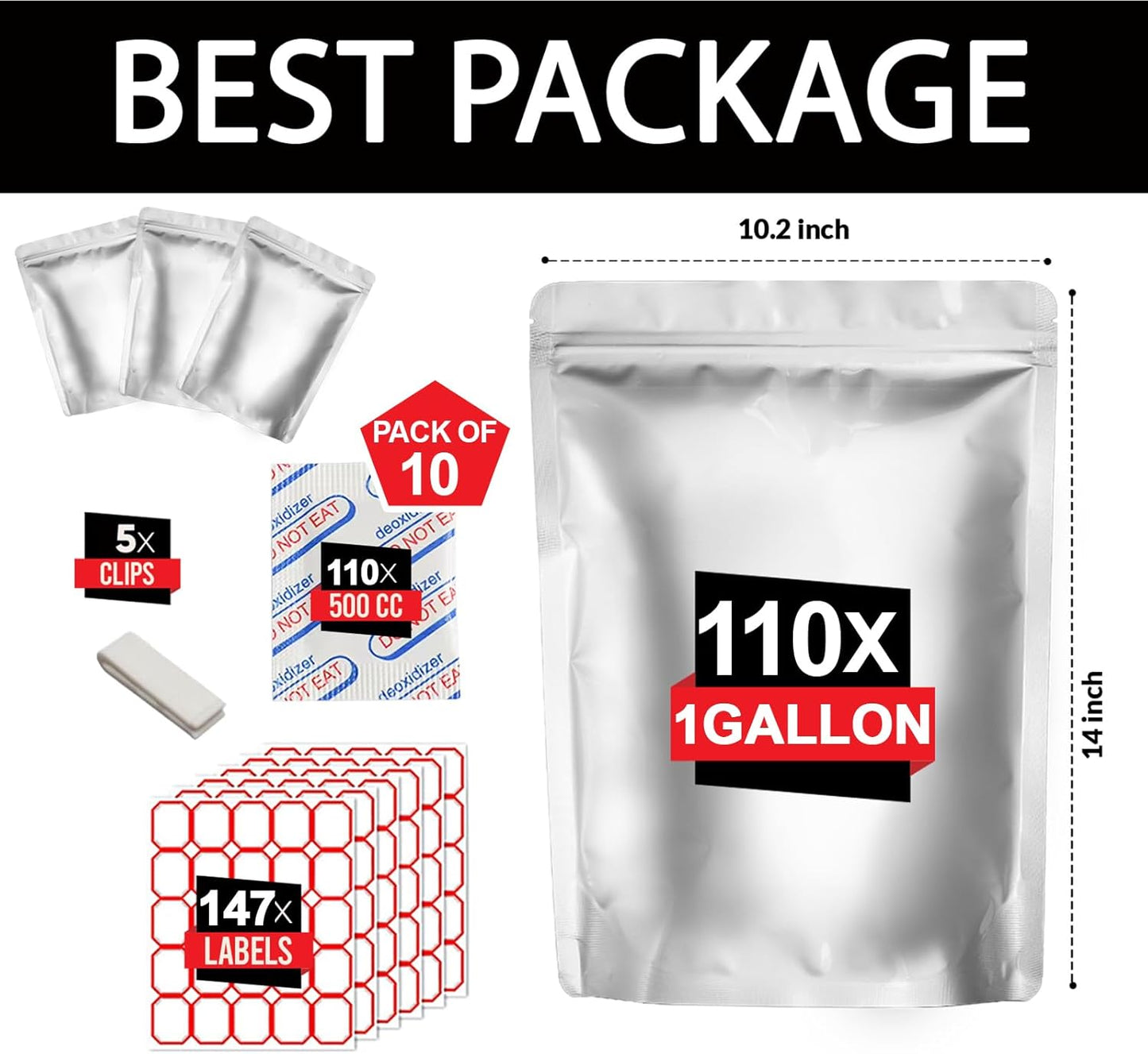 1 Gallon Mylar Food Storage Bags – 110 Pack with 500cc Oxygen Absorbers, Labels & Clips (10 Mil, Resealable & Heat-Sealable)