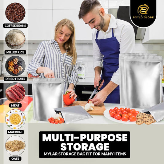 1 Gallon Mylar Food Storage Bags – 110 Pack with 500cc Oxygen Absorbers, Labels & Clips (10 Mil, Resealable & Heat-Sealable)