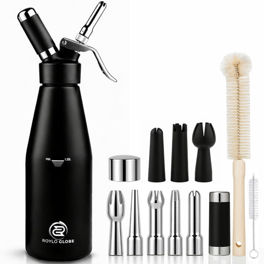 Professional 1000ml Whipped Cream Dispenser – Heavy Duty Aluminum Cream Whipper with 8 Decorating Nozzles & Cleaning Brushes (Large Capacity)