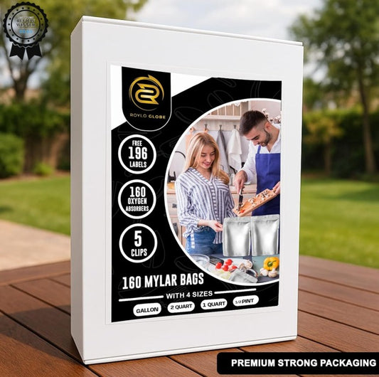 160pcs Mylar Bags with Oxygen Absorbers – Airtight Resealable Food Storage Kit (4 Sizes, 11 Mil) with Labels & Clips