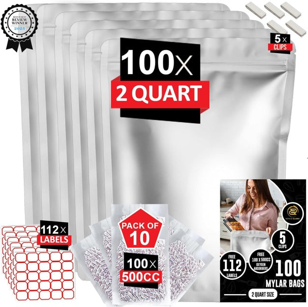 2 Quart Mylar Food Storage Bags – 100 Pack with 500cc Oxygen Absorbers, Labels & Clips (10 Mil, Resealable & Heat-Sealable)