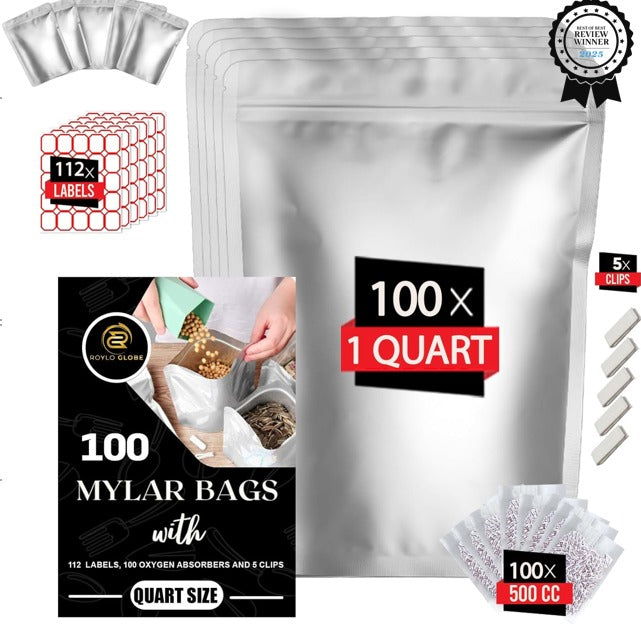 Quart Mylar Food Storage Bags – 100 Pack with 500cc Oxygen Absorbers, Labels & Clips (10 Mil, Resealable & Heat-Sealable)