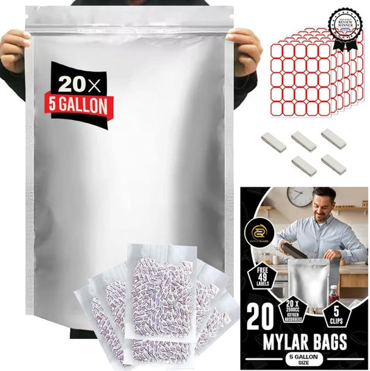 20-Pack 5 Gallon Mylar Bags with 2500cc Oxygen Absorbers, 15MIL Resealable Food Storage Bags + Labels & Clips