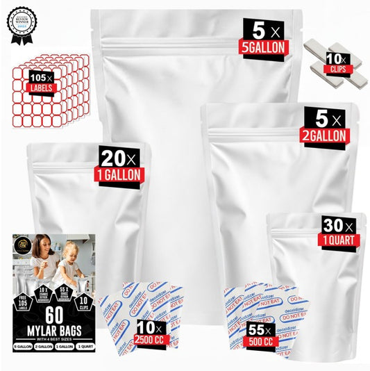 60pcs Heavy-Duty Mylar Bags (14 Mil, 4 Sizes) with Oxygen Absorbers – Airtight Resealable Food Storage Kit with Labels & Clips