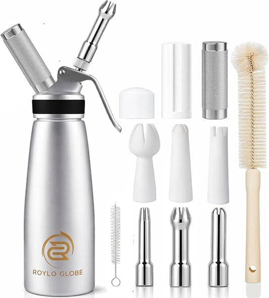Professional 500ml Whipped Cream Dispenser with Silicone Grip – Heavy Duty Aluminum Cream Whipper Set with 6 Decorating Tips & Cleaning Brushes