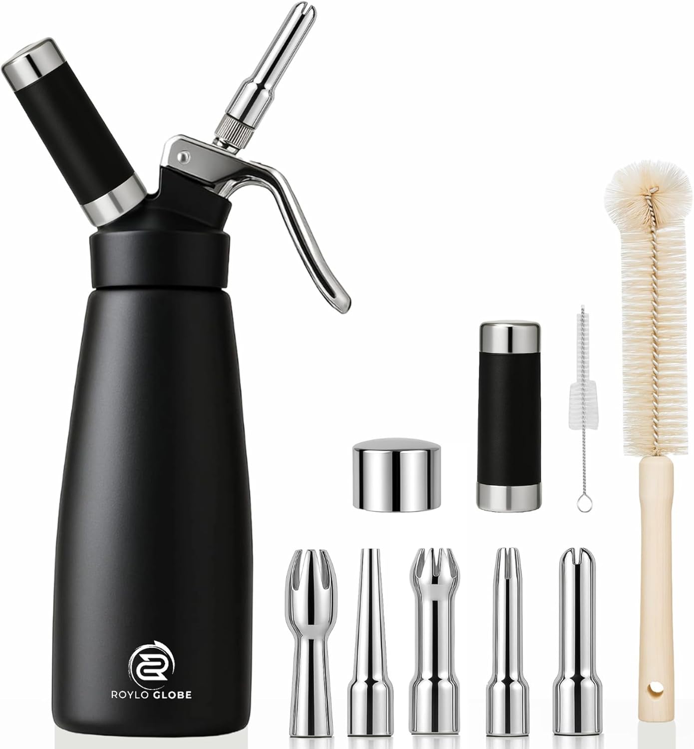 Professional 500ml Whipped Cream Dispenser Set – Aluminum Cream Whipper with 5 Decorating Nozzles & Cleaning Brushes (Heavy Duty Dessert Maker)