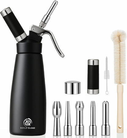 Professional 500ml Whipped Cream Dispenser Set – Aluminum Cream Whipper with 5 Decorating Nozzles & Cleaning Brushes (Heavy Duty Dessert Maker)