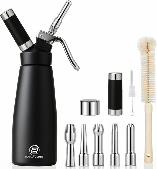 Professional 500ml Whipped Cream Dispenser Set – Aluminum Cream Whipper with 5 Decorating Nozzles & Cleaning Brushes (Heavy Duty Dessert Maker)