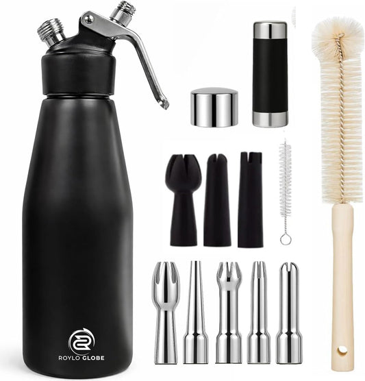 Professional 1000ml Whipped Cream Dispenser – Heavy Duty Aluminum Cream Whipper with 8 Decorating Nozzles & Cleaning Brushes (Large Capacity)