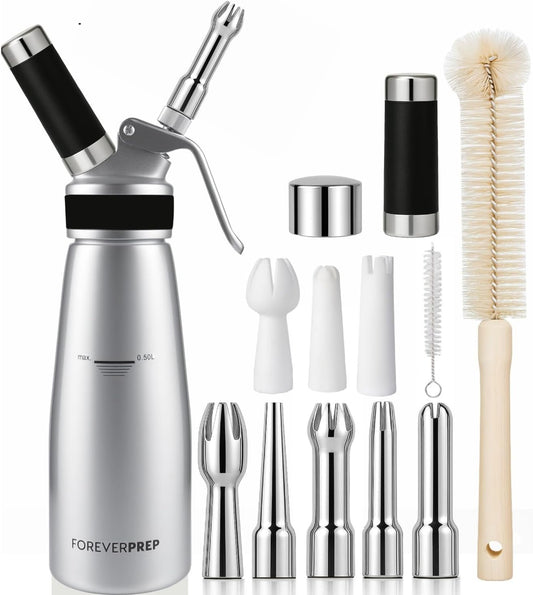 Professional 500ml Whipped Cream Dispenser Set – Aluminum Cream Whipper with 8 Decorating Tips & Cleaning Brushes (Heavy Duty Dessert Maker)