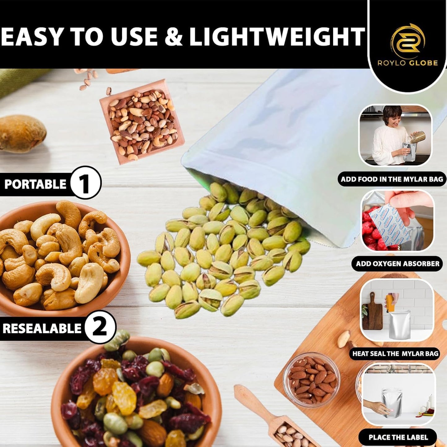 1 Gallon Mylar Food Storage Bags – 110 Pack with 500cc Oxygen Absorbers, Labels & Clips (10 Mil, Resealable & Heat-Sealable)