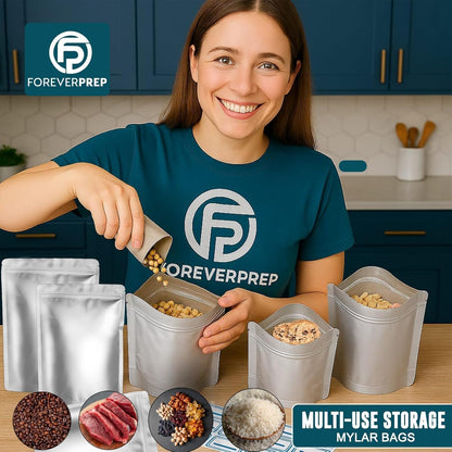 155 PCS Mylar Food Storage Bags Kit with Oxygen Absorbers – Airtight Resealable Stand-Up Bags (4 Sizes) for Long-Term Food Storage