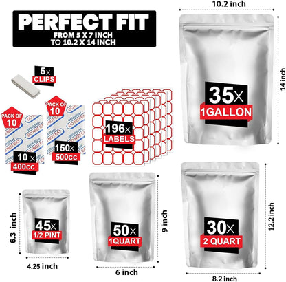 160pcs Mylar Bags with Oxygen Absorbers – Airtight Resealable Food Storage Kit (4 Sizes, 11 Mil) with Labels & Clips