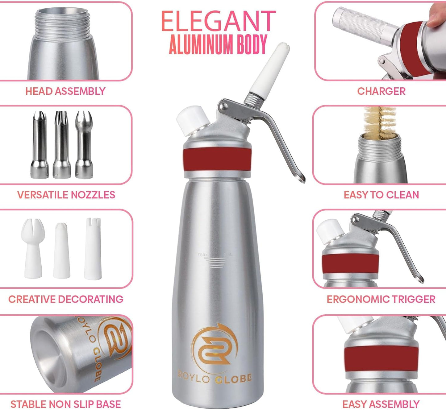 Premium 500ml Whipped Cream Dispenser Set with Silicone Grip – Heavy Duty Aluminum Cream Whipper with 6 Decorating Tips & Gift Box