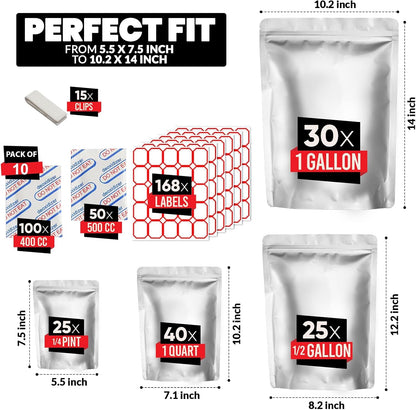 120 Mylar Bags with Oxygen Absorbers – Airtight Resealable Food Storage Kit (4 Sizes, 11 Mil)