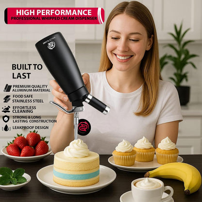 Professional 500ml Whipped Cream Dispenser Set – Aluminum Cream Whipper with 5 Decorating Nozzles & Cleaning Brushes (Heavy Duty Dessert Maker)