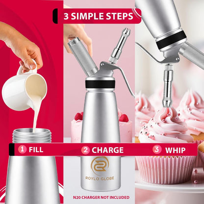 Professional 500ml Whipped Cream Dispenser with Silicone Grip – Heavy Duty Aluminum Cream Whipper Set with 6 Decorating Tips & Cleaning Brushes