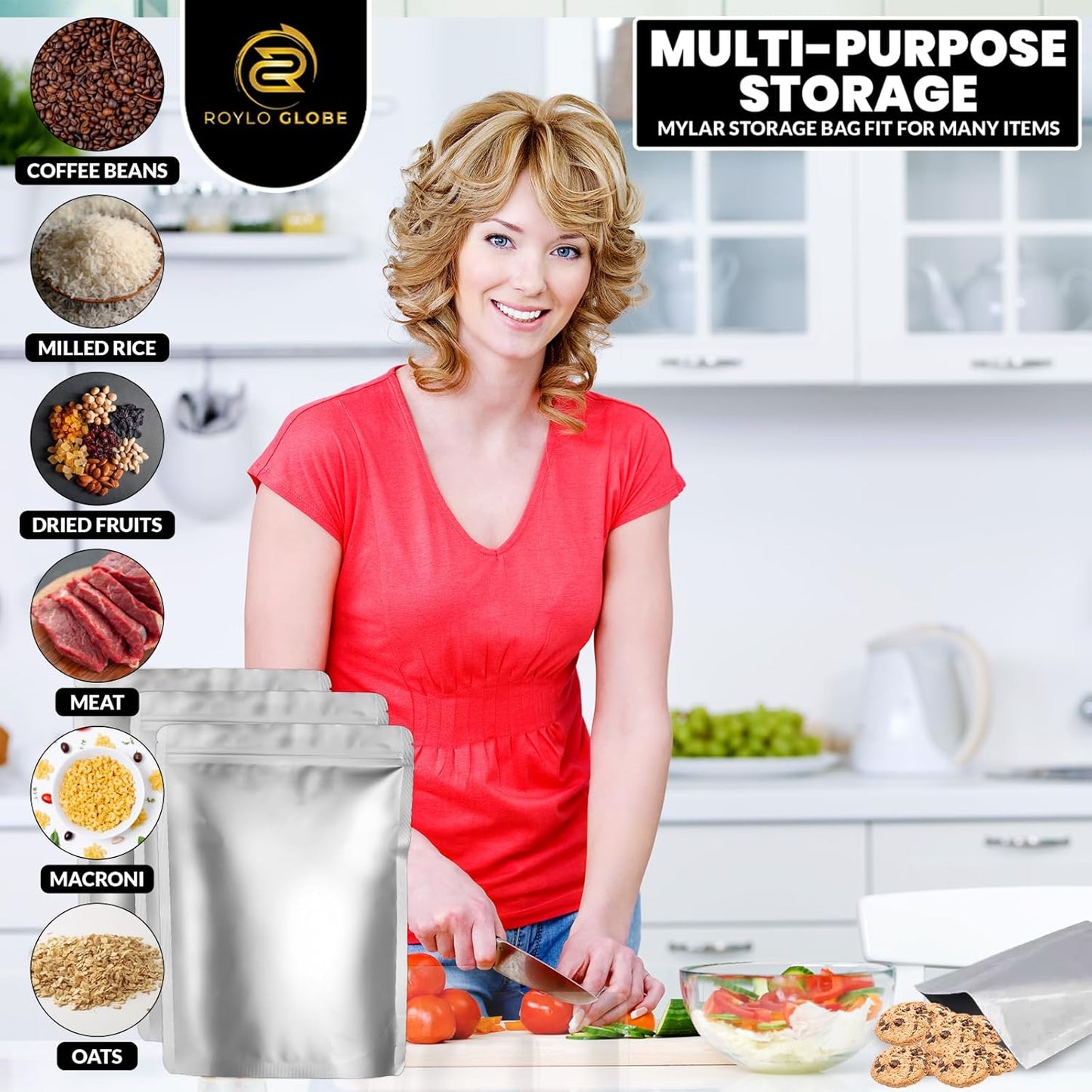 Quart Mylar Food Storage Bags – 100 Pack with 500cc Oxygen Absorbers, Labels & Clips (10 Mil, Resealable & Heat-Sealable)