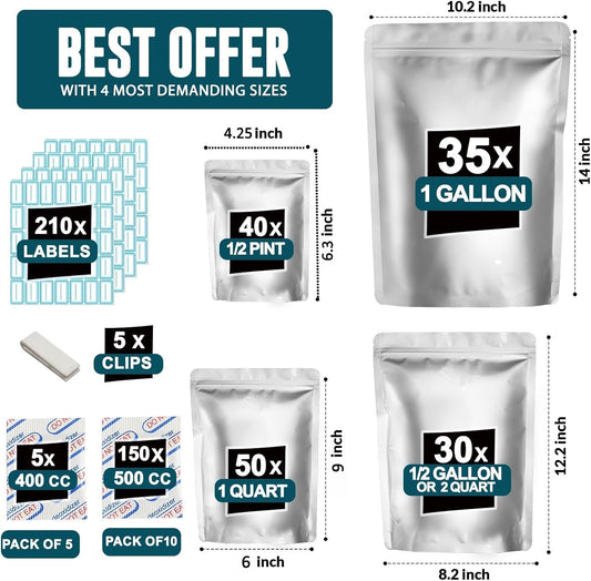 155 PCS Mylar Food Storage Bags Kit with Oxygen Absorbers – Airtight Resealable Stand-Up Bags (4 Sizes) for Long-Term Food Storage