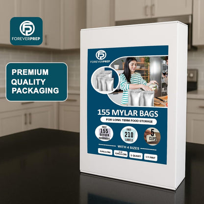 155 PCS Mylar Food Storage Bags Kit with Oxygen Absorbers – Airtight Resealable Stand-Up Bags (4 Sizes) for Long-Term Food Storage