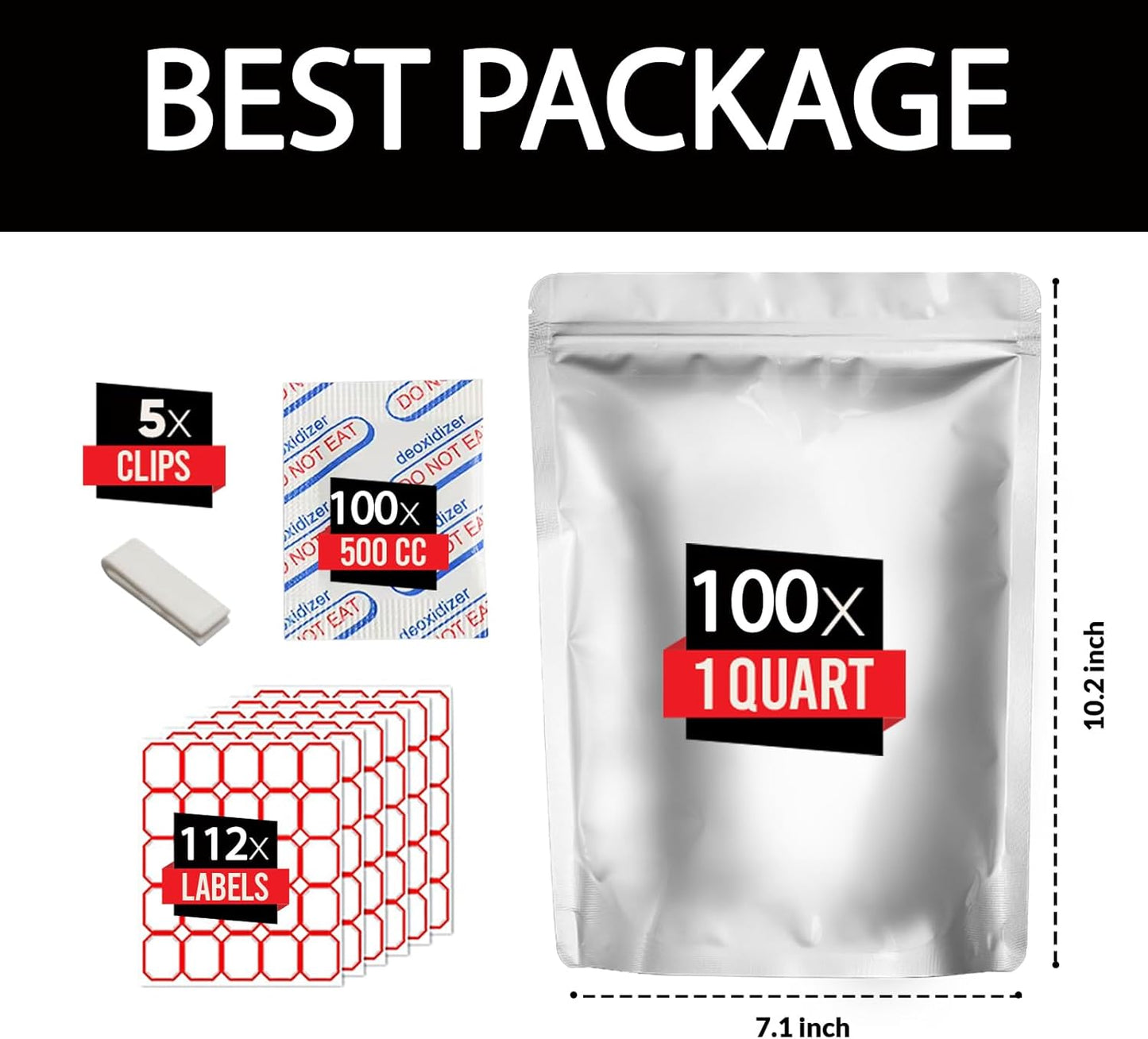 Quart Mylar Food Storage Bags – 100 Pack with 500cc Oxygen Absorbers, Labels & Clips (10 Mil, Resealable & Heat-Sealable)