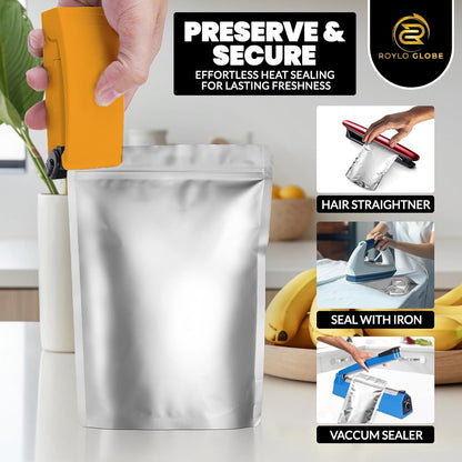 1 Gallon Mylar Food Storage Bags – 110 Pack with 500cc Oxygen Absorbers, Labels & Clips (10 Mil, Resealable & Heat-Sealable)