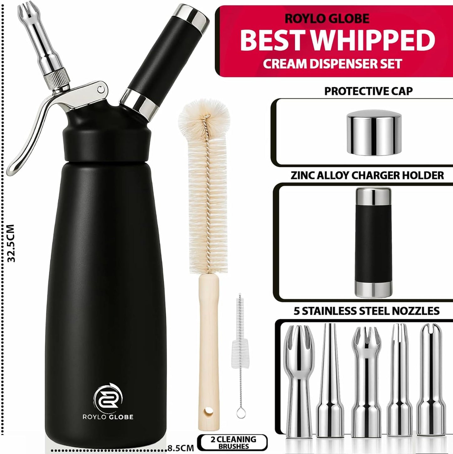 Professional 500ml Whipped Cream Dispenser Set – Aluminum Cream Whipper with 5 Decorating Nozzles & Cleaning Brushes (Heavy Duty Dessert Maker)