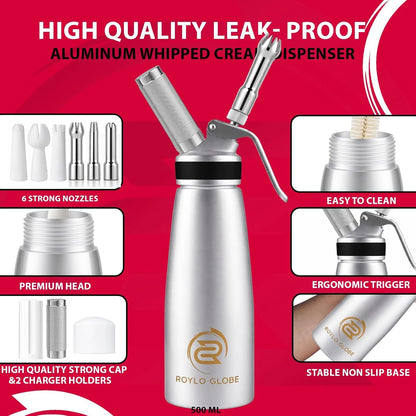 Professional 500ml Whipped Cream Dispenser with Silicone Grip – Heavy Duty Aluminum Cream Whipper Set with 6 Decorating Tips & Cleaning Brushes