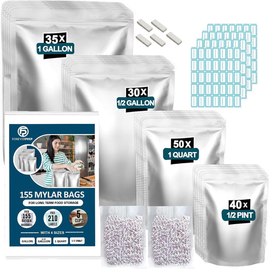 155 PCS Mylar Food Storage Bags Kit with Oxygen Absorbers – Airtight Resealable Stand-Up Bags (4 Sizes) for Long-Term Food Storage