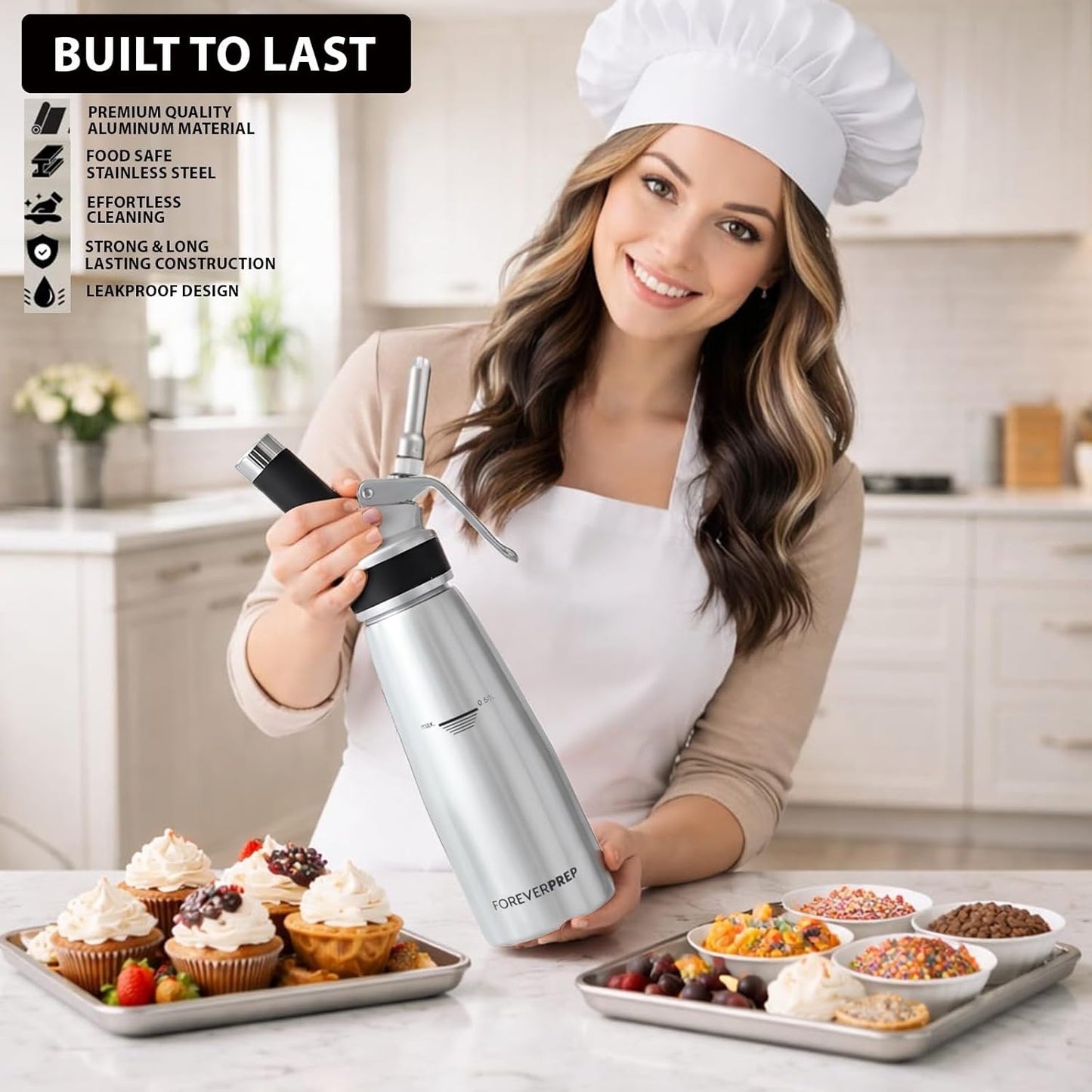 Professional 500ml Whipped Cream Dispenser Set – Aluminum Cream Whipper with 8 Decorating Tips & Cleaning Brushes (Heavy Duty Dessert Maker)