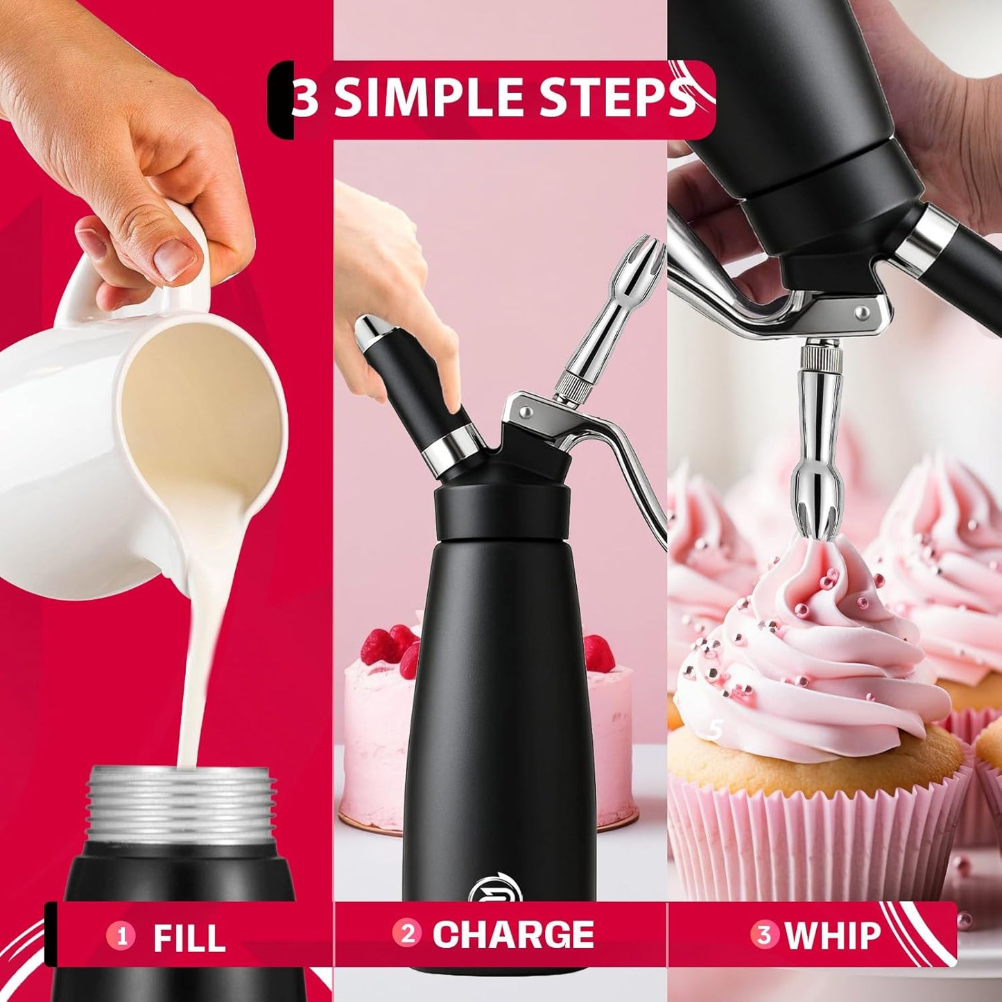 Professional 500ml Whipped Cream Dispenser Set – Aluminum Cream Whipper with 5 Decorating Nozzles & Cleaning Brushes (Heavy Duty Dessert Maker)