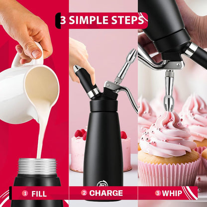 Professional 500ml Whipped Cream Dispenser Set – Aluminum Cream Whipper with 5 Decorating Nozzles & Cleaning Brushes (Heavy Duty Dessert Maker)