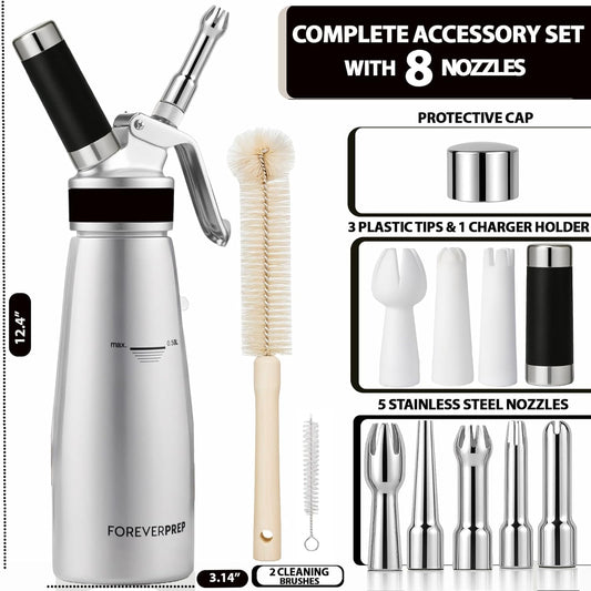 Professional 500ml Whipped Cream Dispenser Set – Aluminum Cream Whipper with 8 Decorating Tips & Cleaning Brushes (Heavy Duty Dessert Maker)