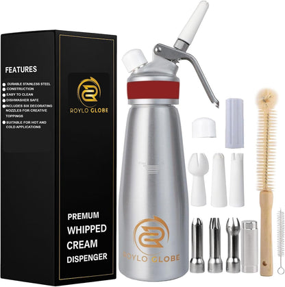 Premium 500ml Whipped Cream Dispenser Set with Silicone Grip – Heavy Duty Aluminum Cream Whipper with 6 Decorating Tips & Gift Box