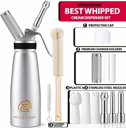 Professional 500ml Whipped Cream Dispenser with Silicone Grip – Heavy Duty Aluminum Cream Whipper Set with 6 Decorating Tips & Cleaning Brushes