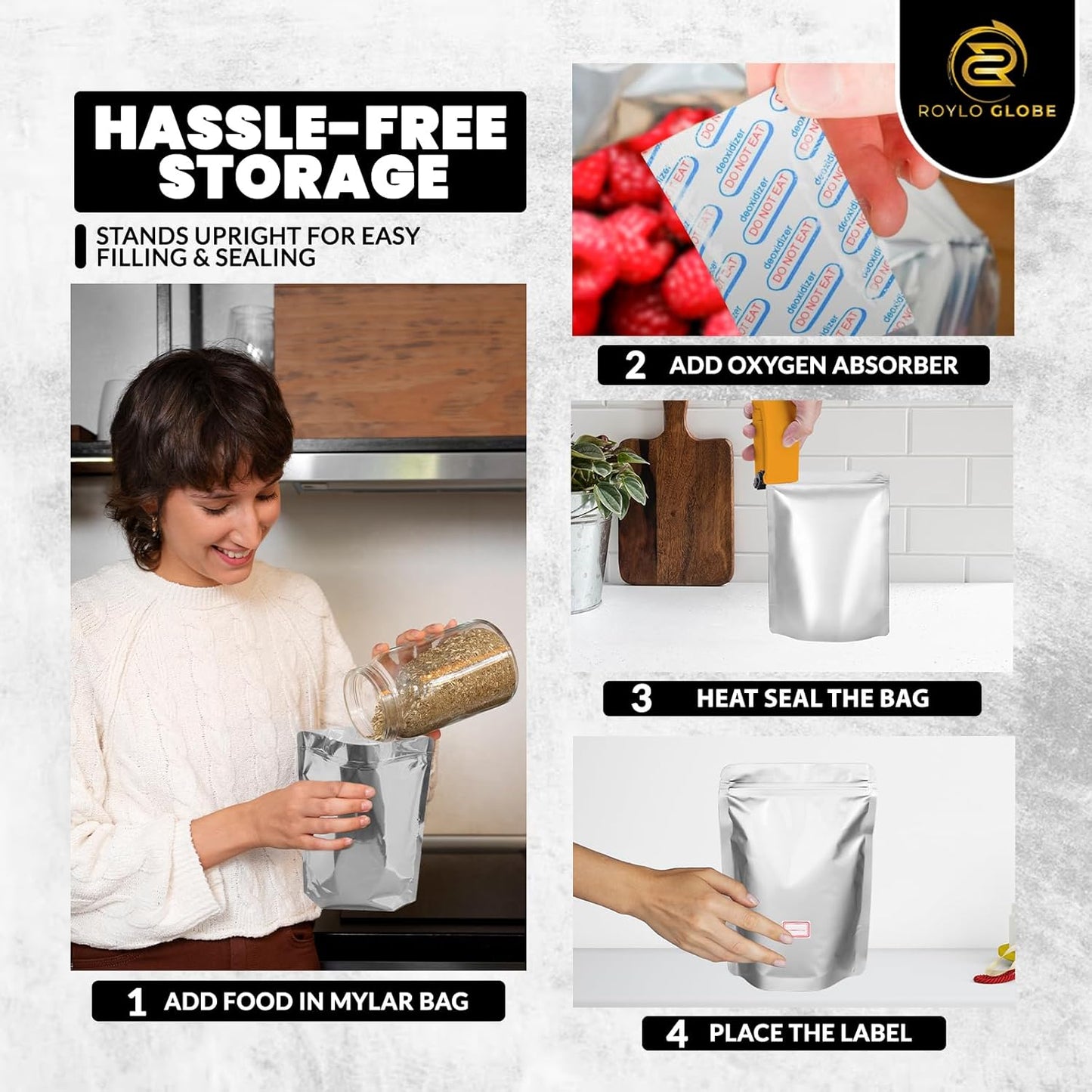 120 Mylar Bags with Oxygen Absorbers – Airtight Resealable Food Storage Kit (4 Sizes, 11 Mil)