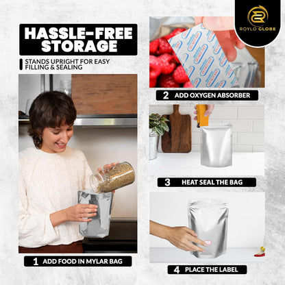 120 Mylar Bags with Oxygen Absorbers – Airtight Resealable Food Storage Kit (4 Sizes, 11 Mil)