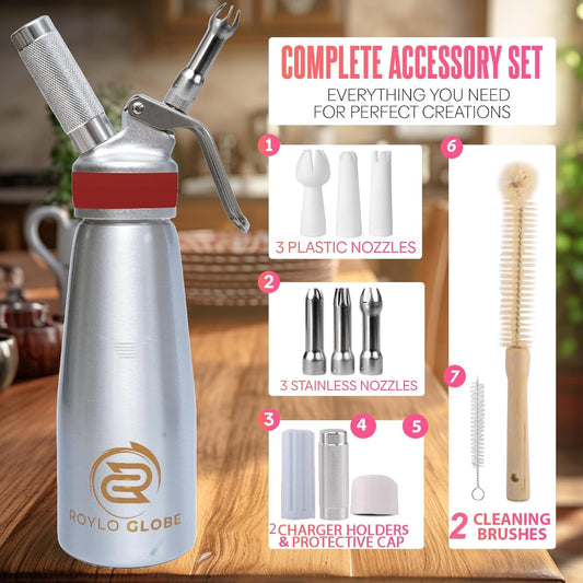Premium 500ml Whipped Cream Dispenser Set with Silicone Grip – Heavy Duty Aluminum Cream Whipper with 6 Decorating Tips & Gift Box