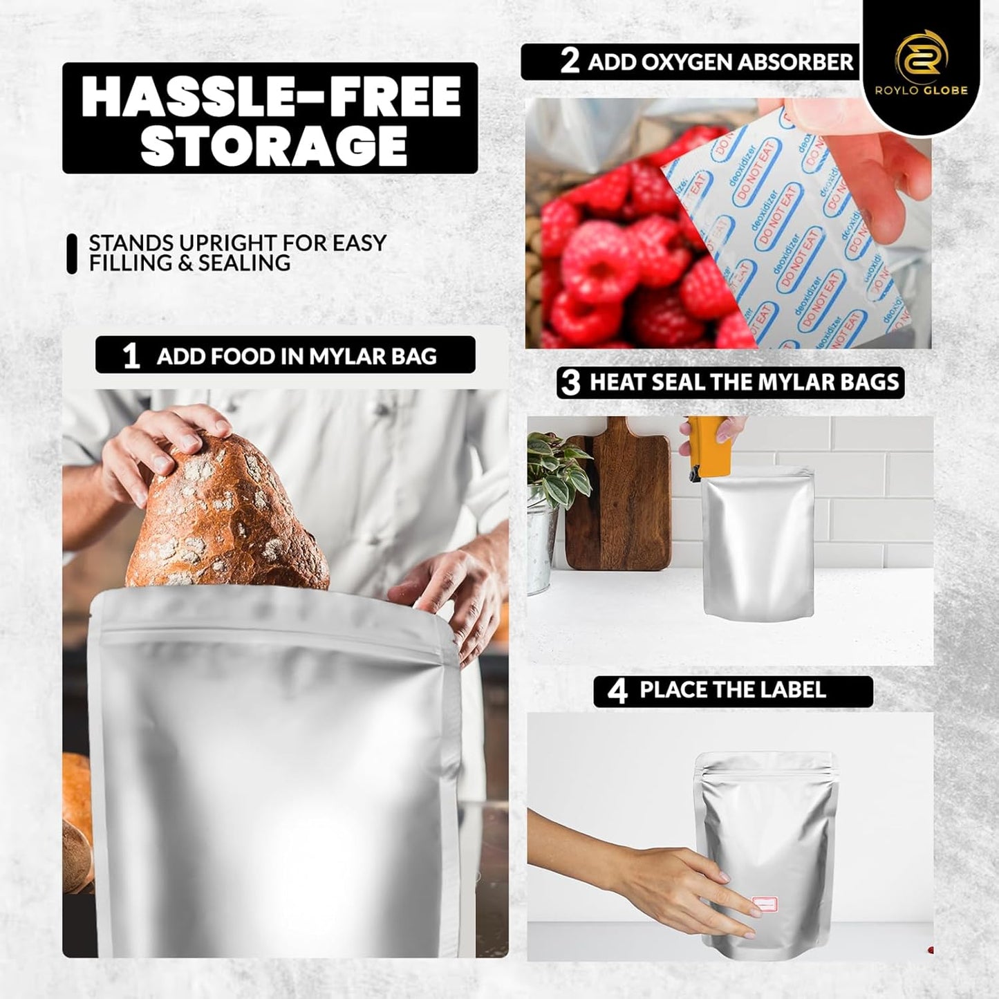 160pcs Mylar Bags with Oxygen Absorbers – Airtight Resealable Food Storage Kit (4 Sizes, 11 Mil) with Labels & Clips