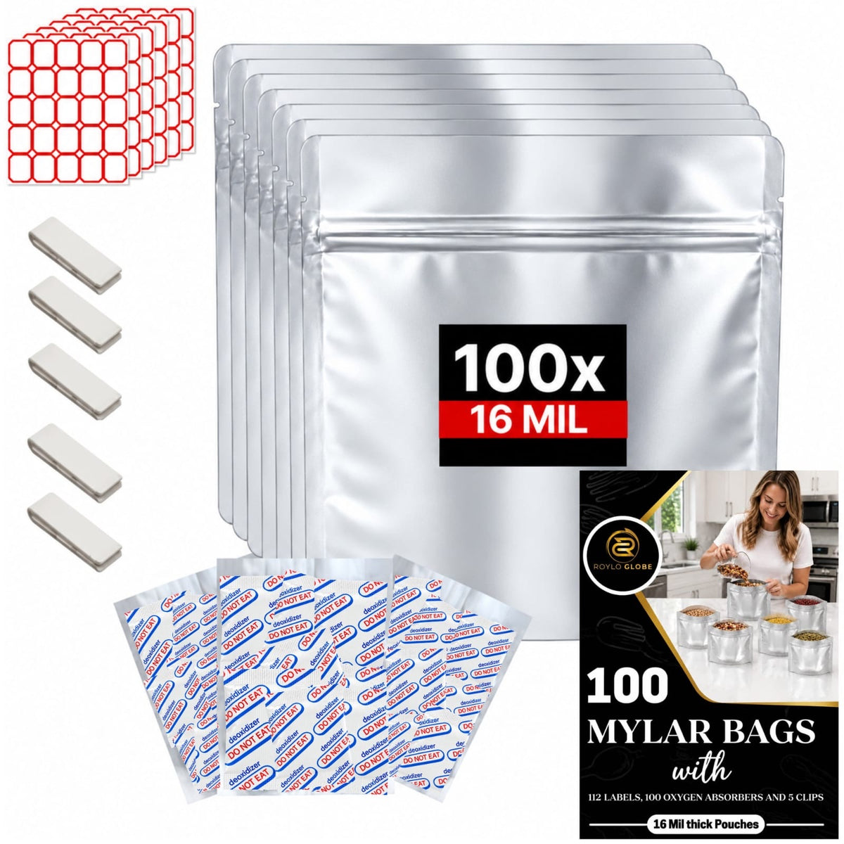 100 Mylar bags 16 mil extra thick with 100 oxygen absorbers, 112 labels and 5 clips by Roylo Globe
