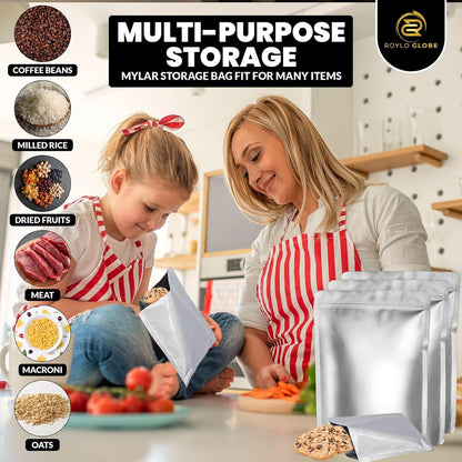 2 Quart Mylar Food Storage Bags – 100 Pack with 500cc Oxygen Absorbers, Labels & Clips (10 Mil, Resealable & Heat-Sealable)