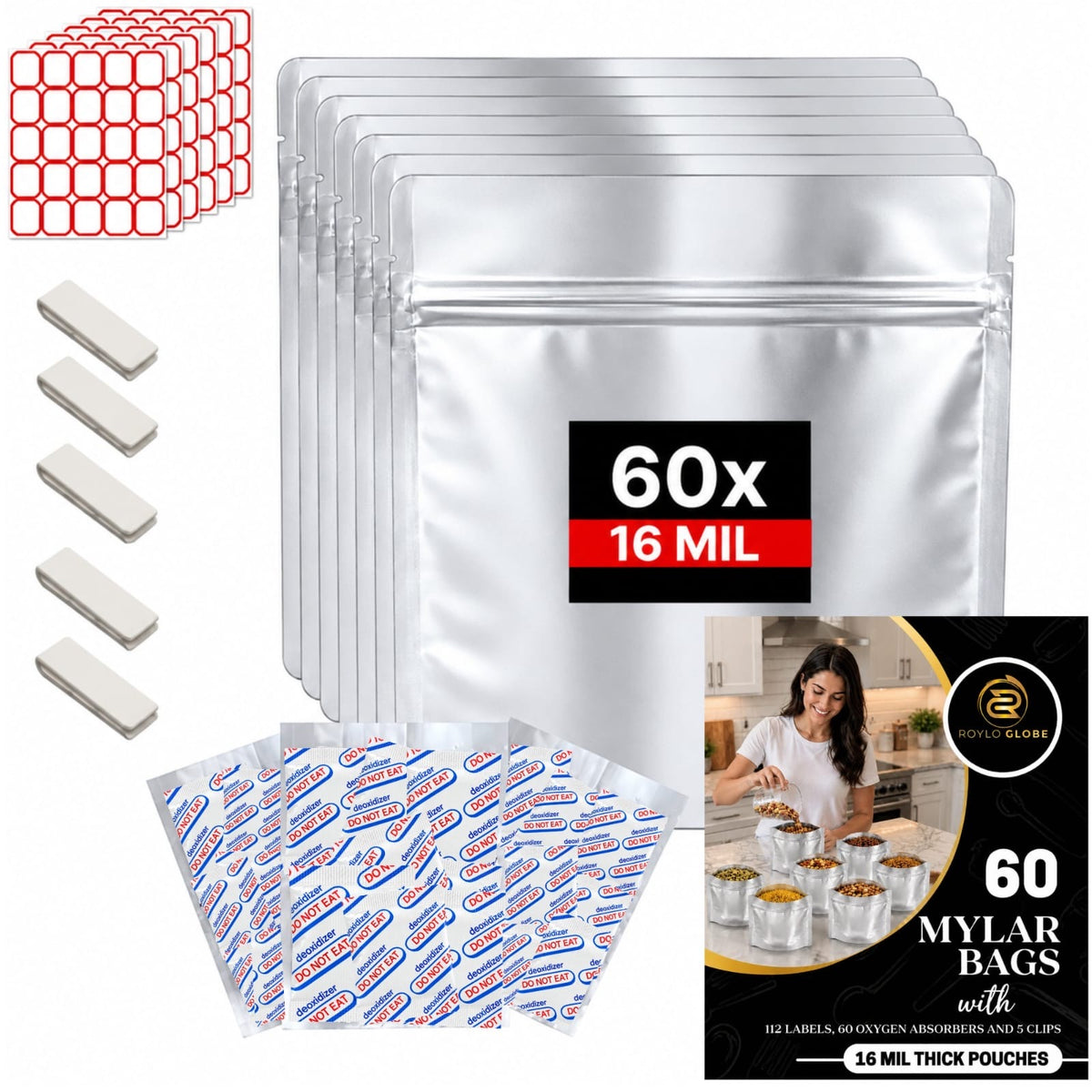 60 Mylar bags 16 mil extra thick with 60 oxygen absorbers, 112 labels and 5 clips by Roylo Globe