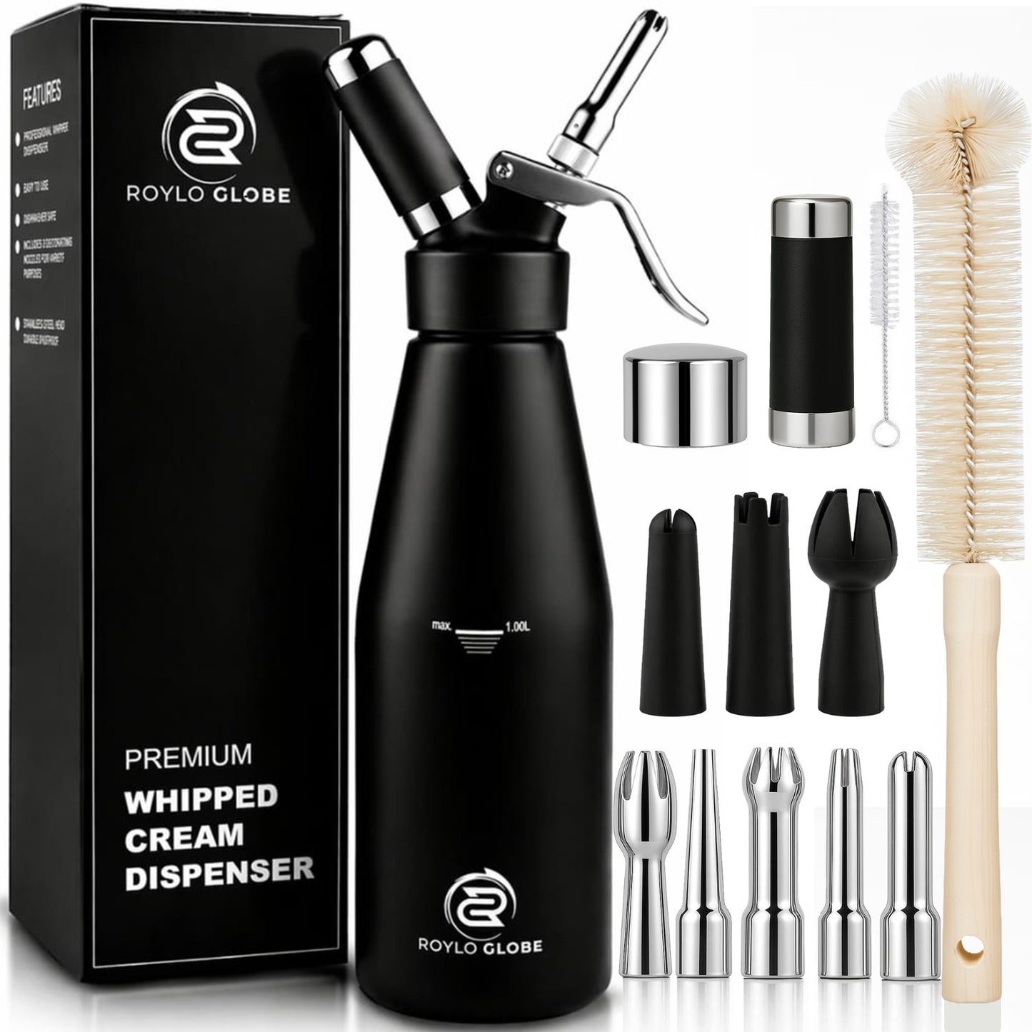 Professional 1000ml Whipped Cream Dispenser – Heavy Duty Aluminum Cream Whipper with 8 Decorating Nozzles & Cleaning Brushes (Large Capacity)