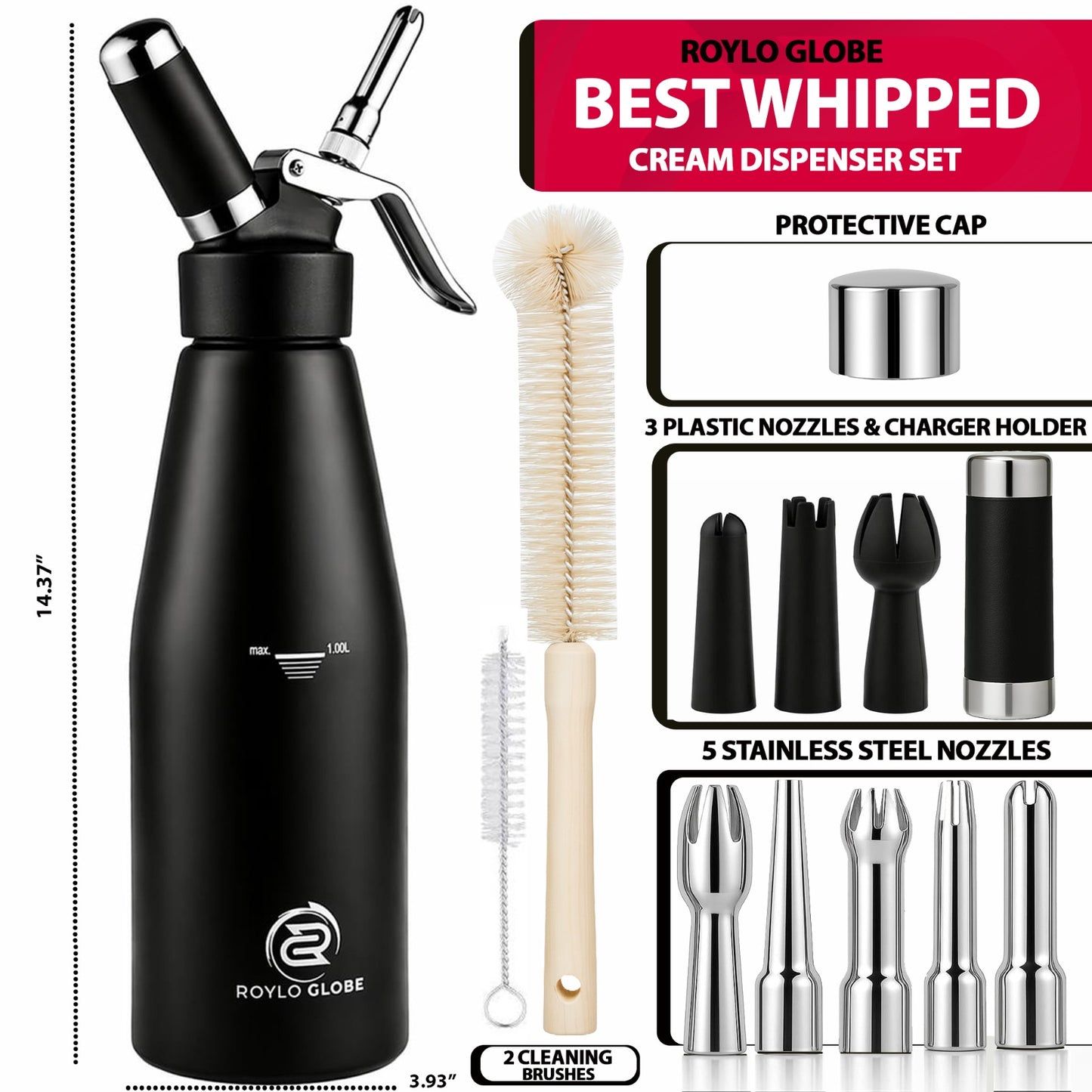 Professional 1000ml Whipped Cream Dispenser – Heavy Duty Aluminum Cream Whipper with 8 Decorating Nozzles & Cleaning Brushes (Large Capacity)